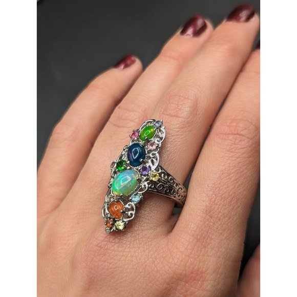 Sterling Silver 925 Multicolor Gemstone Opal Cocktail Statement Ring Size 8 - Picture 12 of 12